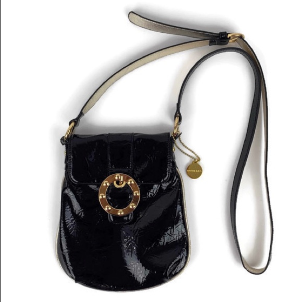 Big Buddha Black Patent Leather Crossbody Bag with Gold Accents